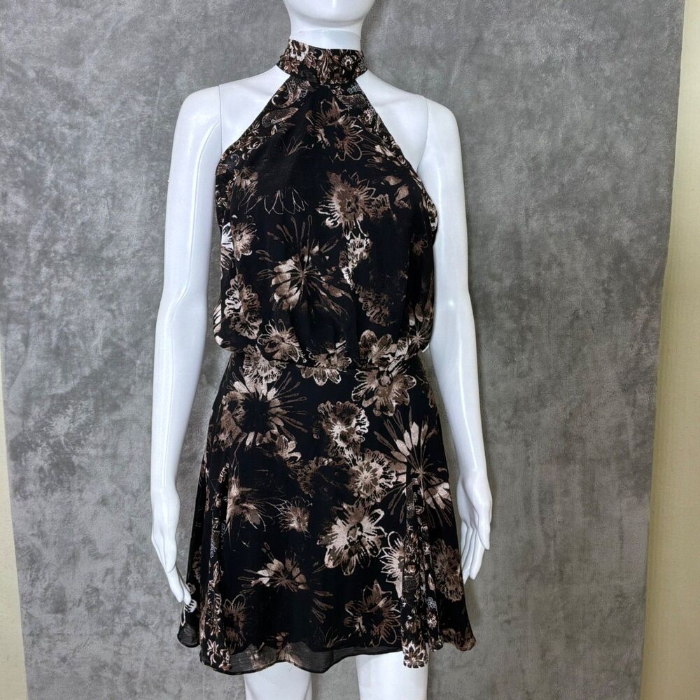 NWT Free People Floral Halter Mini Dress Small Black Brown Boho Open Back lined